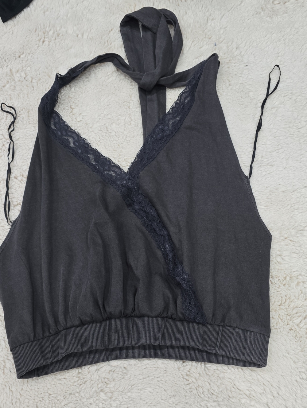 Charcoal Lace Trim Halter Bralette - Women Intimates